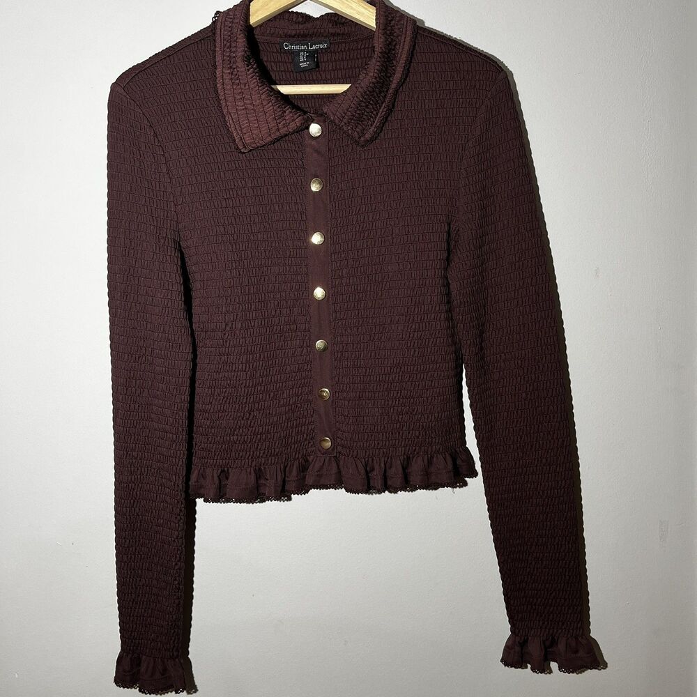 Christian Lacroix Womens S Crop Shirt Brown Smocked Knit Ruffle hem Brown Preppy